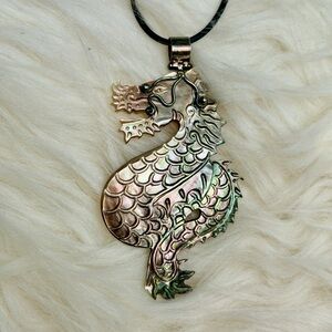 Vintage Dragon Pendant Necklace - Handcrafted Mother of Pearl